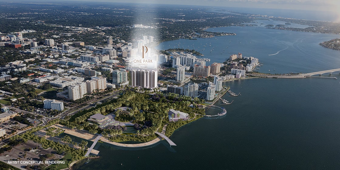 aerial of one park sarasota and downtown area