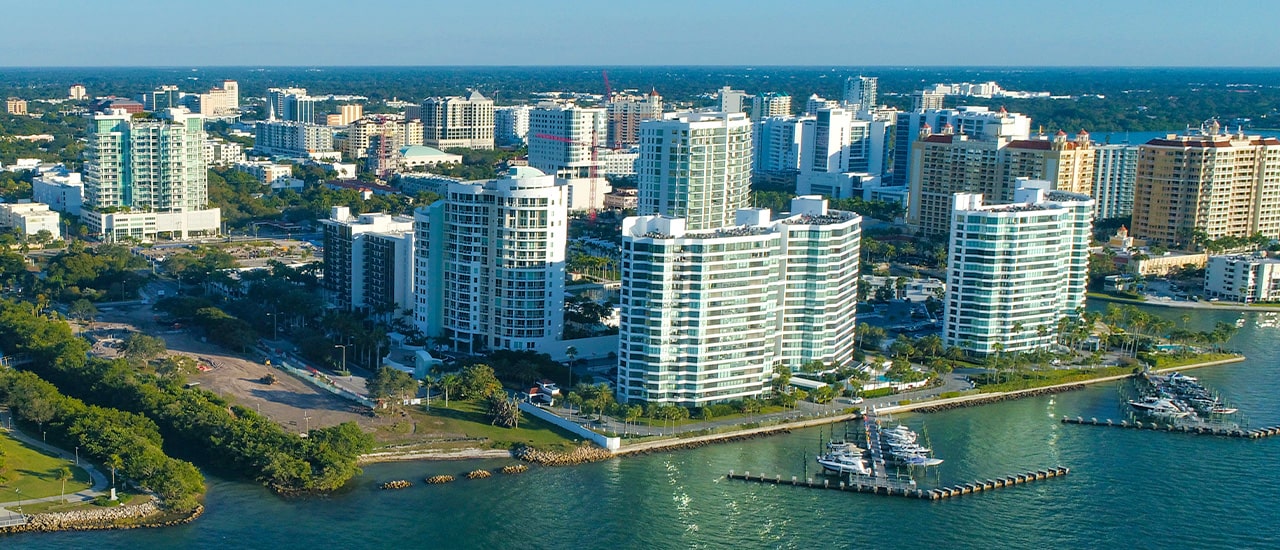 aerial of the Sarasota Bayfront