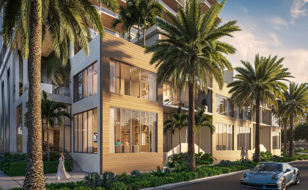 Exterior view of a contemporary residential building featuring expansive glass windows, warm-toned cladding, and palm trees lining a landscaped urban street with pedestrians and vehicles.