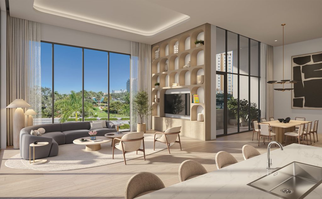 Open-plan living room with large windows and modern furnishings