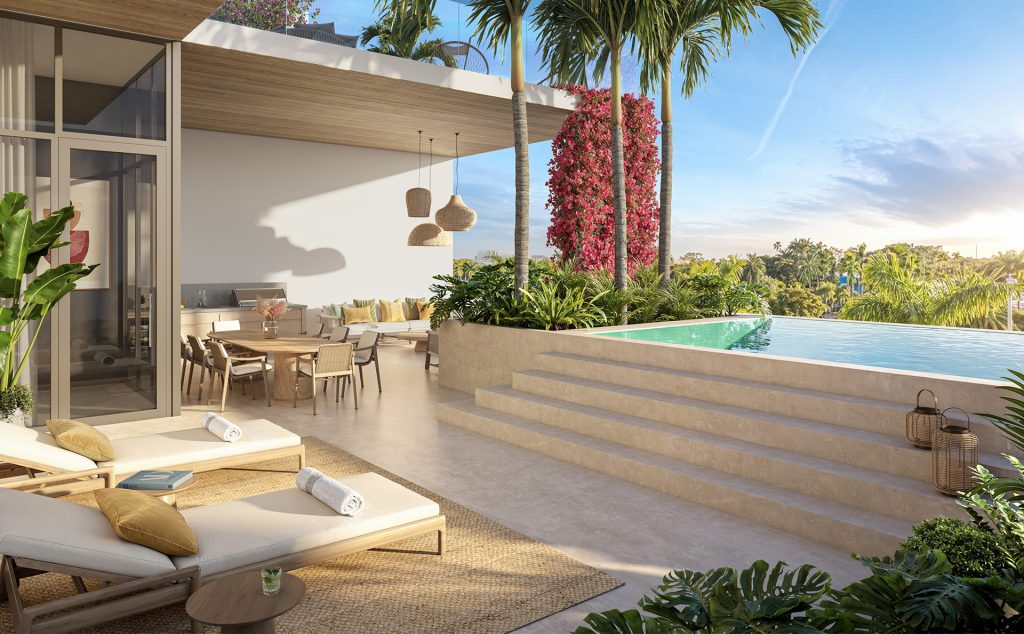 Rooftop terrace with pool, lounge seating, and palm trees