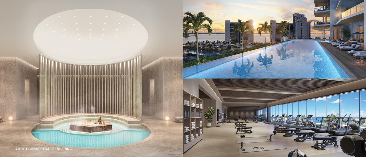 collage of wellness amenities at One Park Sarasota