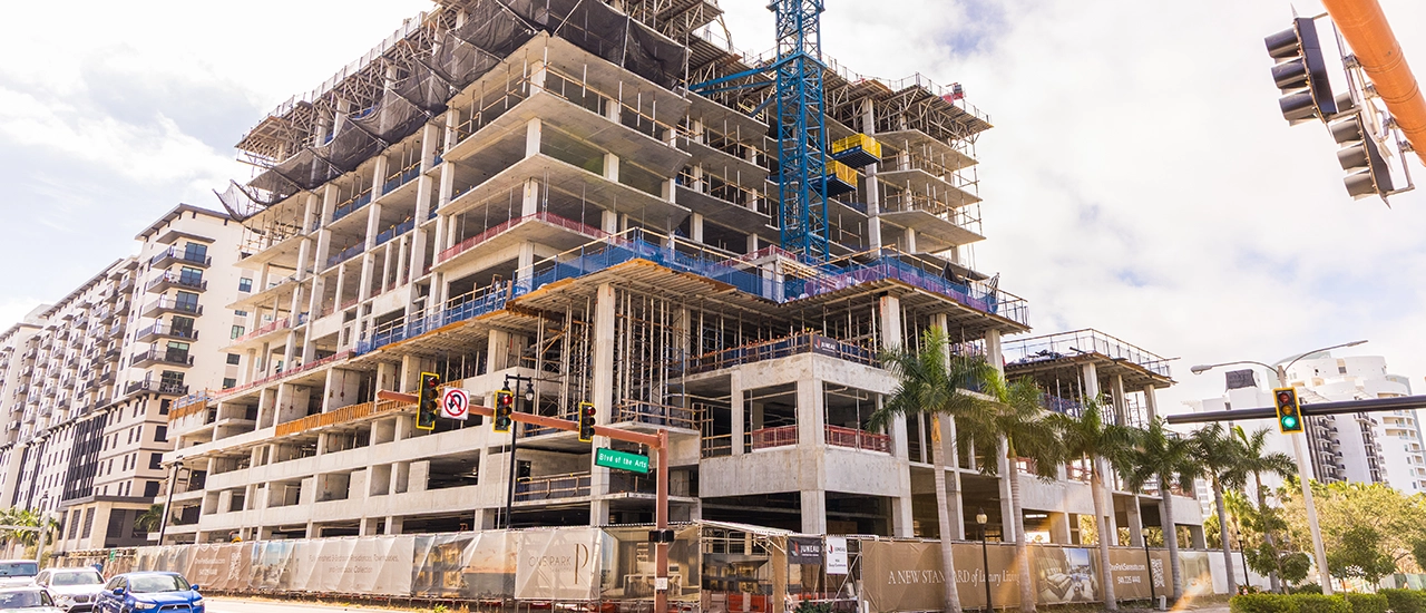 Concrete tower under construction at a downtown Sarasota intersection.