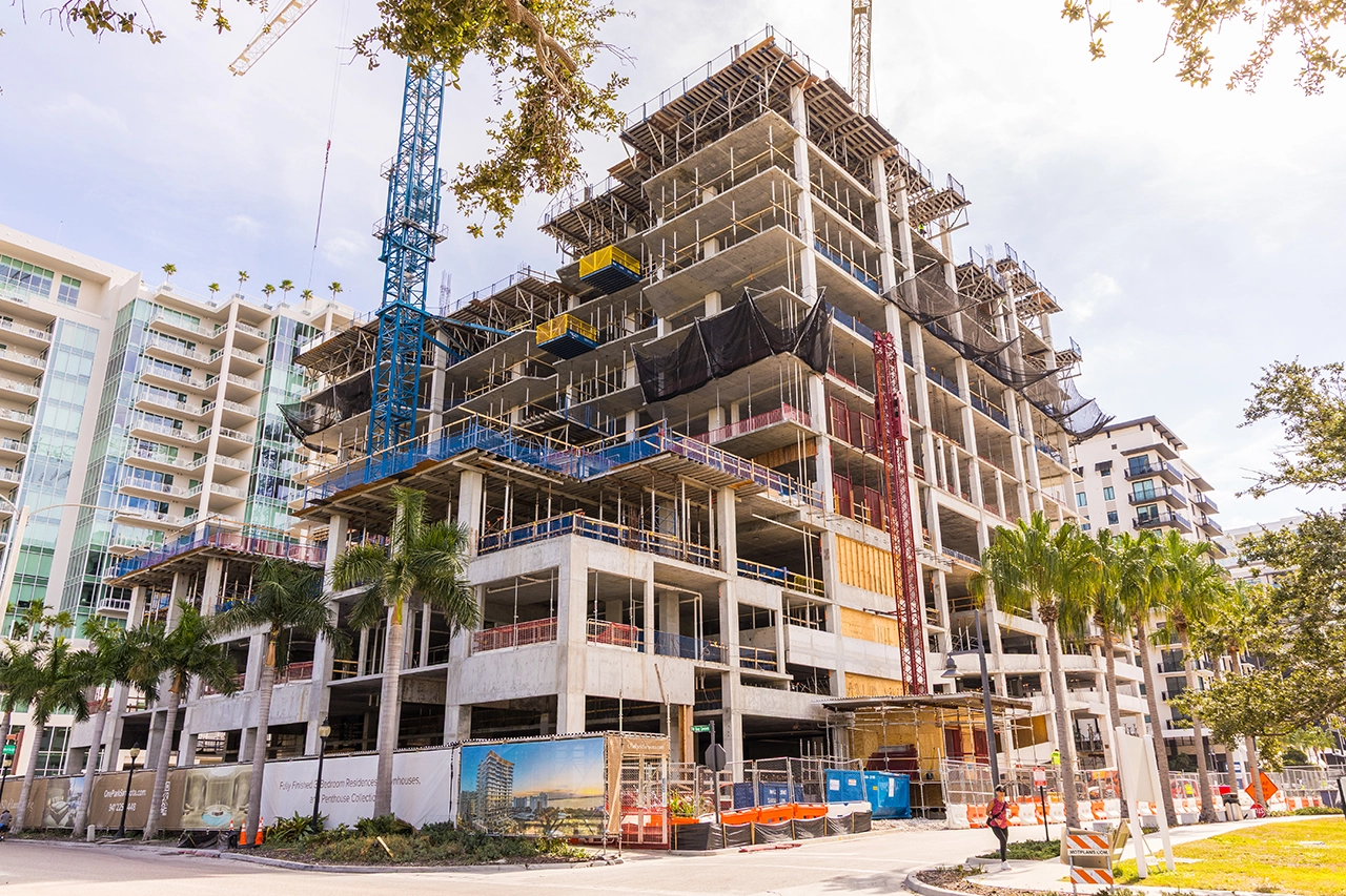 Concrete tower under construction at a downtown Sarasota intersection.