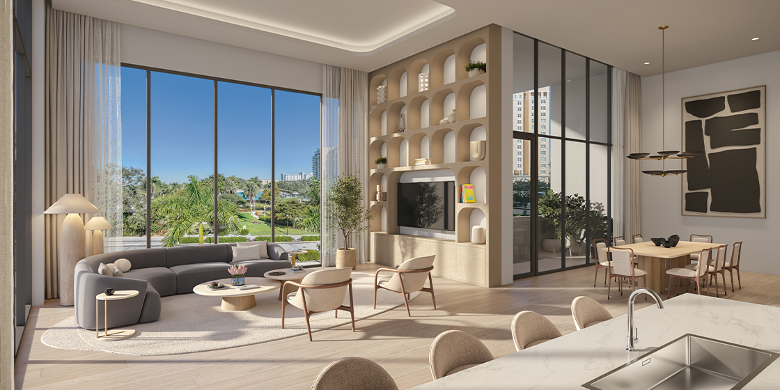 Modern living room with large windows, seating area, and dining space