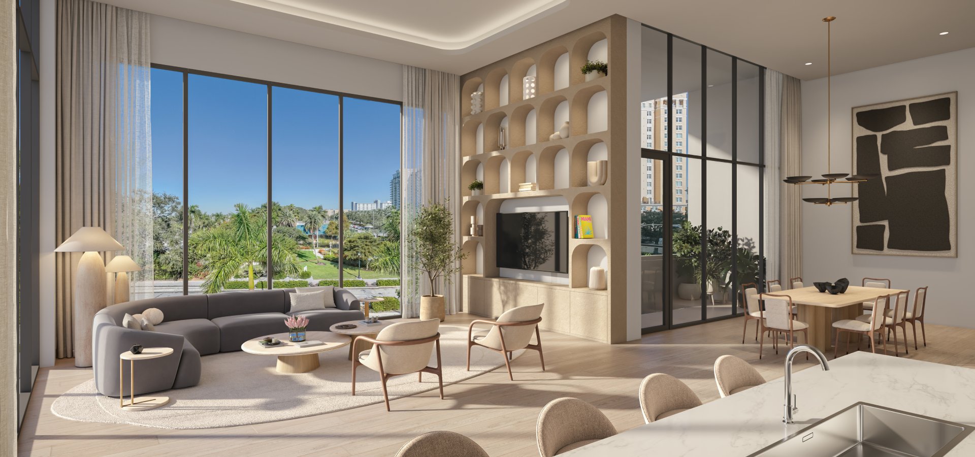 Open living room with large windows, sectional sofa, and dining area