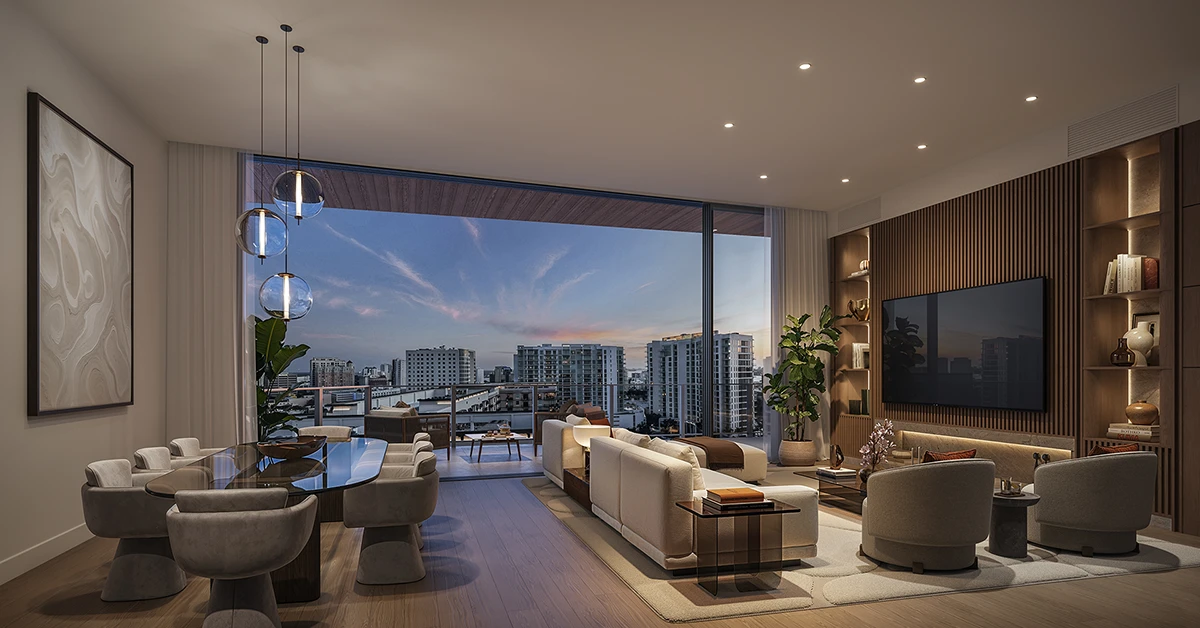 Evening rendering of a south-facing One Park Sarasota living room with an open dining area and city views.