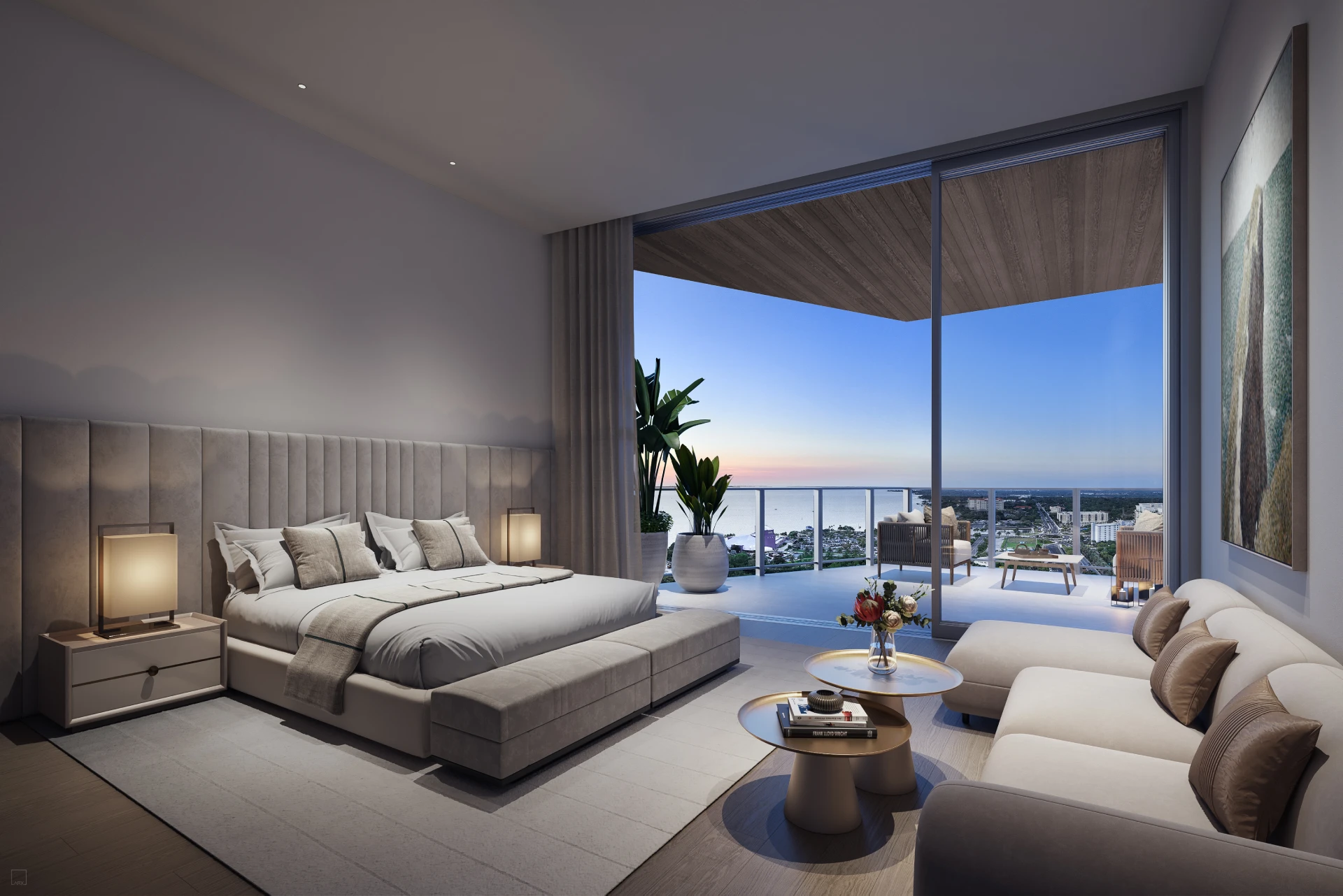 Rendering of a One Park Sarasota bedroom with a sitting area, floor-to-ceiling glass doors and a terrace overlooking the bay.